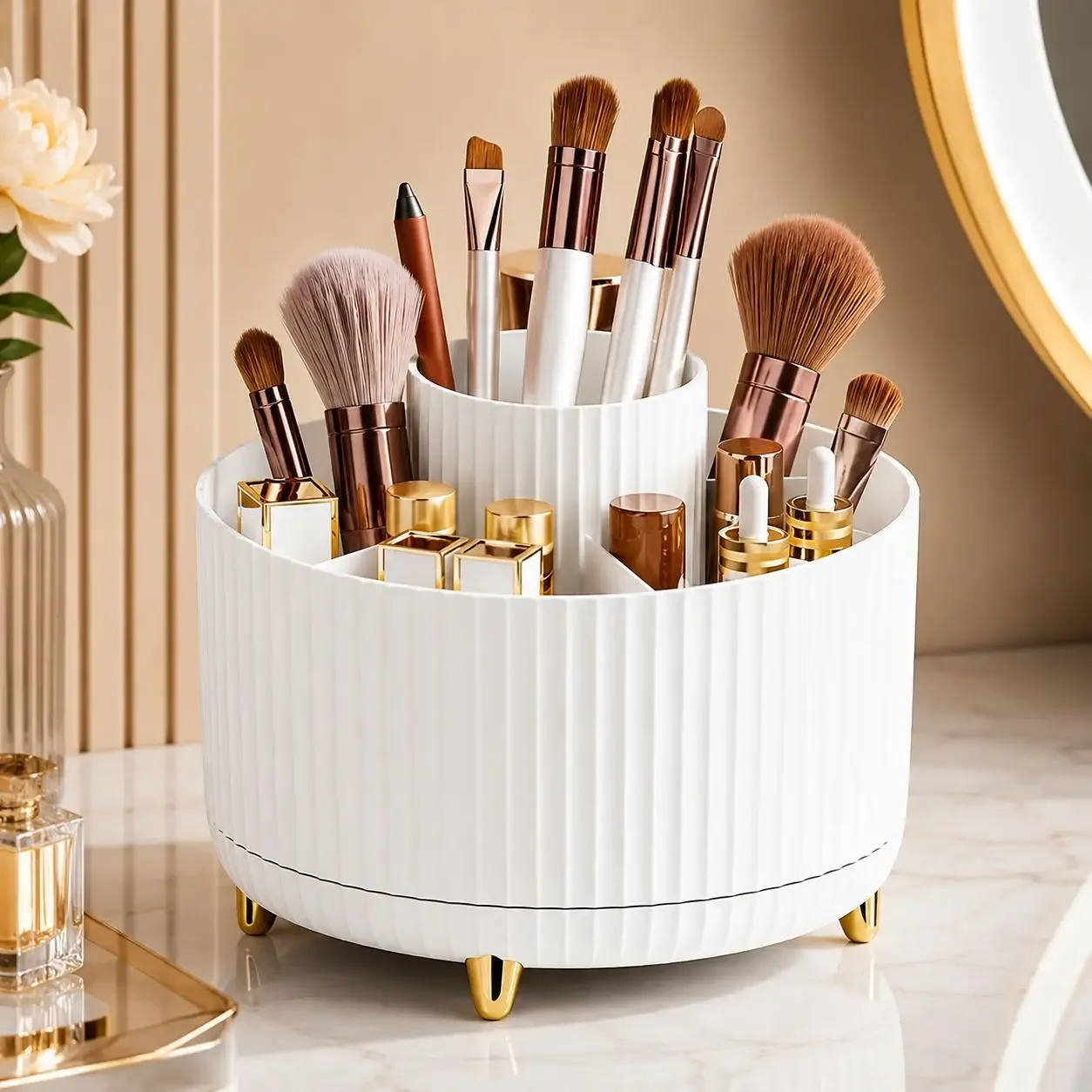 360도 회전 메이크업 정리함 고급 스트라이프 화장품  - Luxury Skincare Display 리뷰 및 가격